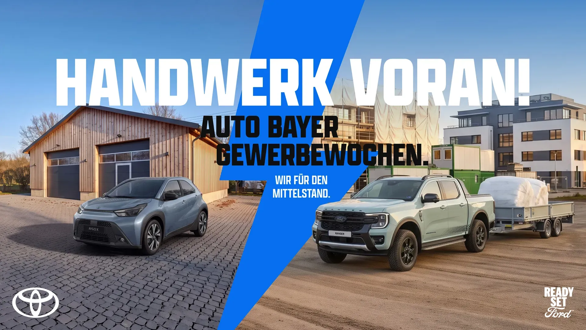 Auto Bayer Handwerk Voran Keyvisual. Der Toyota Aygo X steht vor einer Scheune und der Ford Ranger mit einem Anhänger auf einer Baustellengelände. Das Keyvisual wurde mit KI-Generiert.